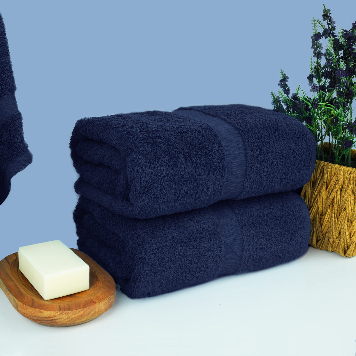 Chakir Turkish Linens navy towel texture emphasizes superior absorbency and softness.