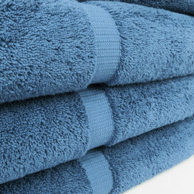 Chakir Turkish Linens wedgewood towel in bathroom setup highlights spa-like feel