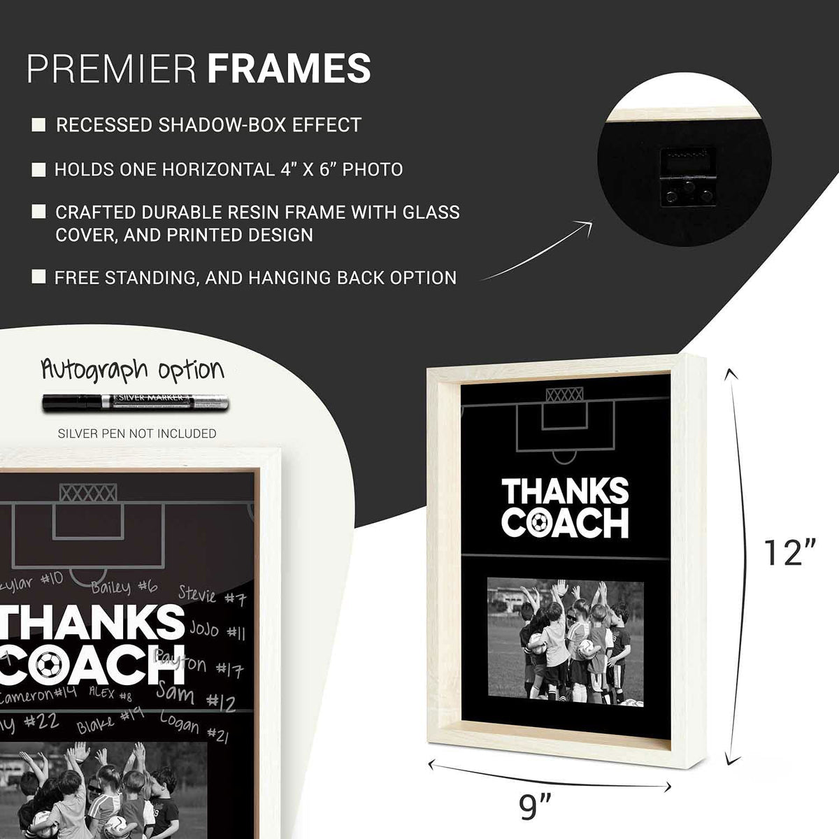 Front view of ChalkTalkSPORTS coach frame showing field graphic andThanks Coach
