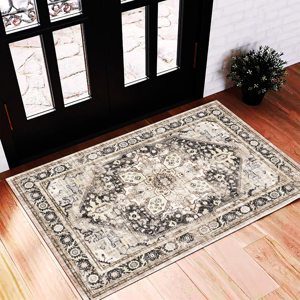 CHAMPLANT 2x3 black-purple khaki area rug with vintage floral pattern for living room ambiance