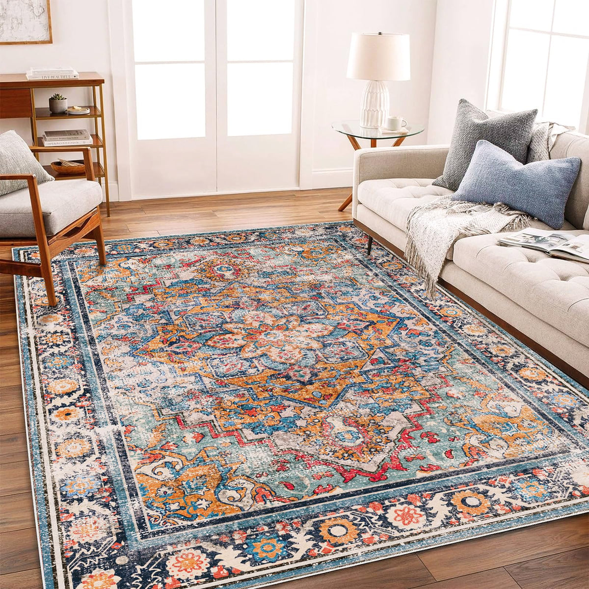 Champlant 6x9 washable vintage rug with boho medallion design for stylish living spaces