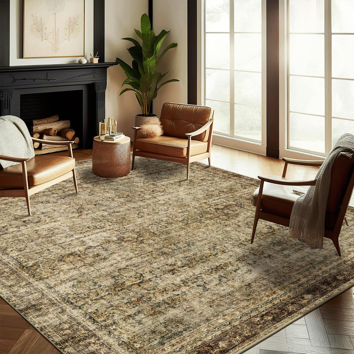 Champlant area rug 6x9 dark brown with vintage floral pattern for living room style and comfort