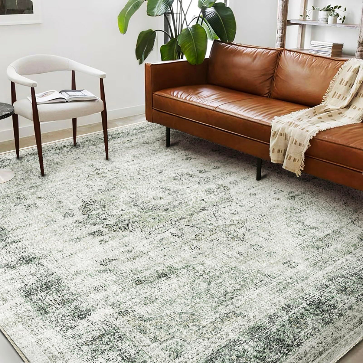 Champlant area rug floral-green vintage style adds cozy living room ambiance.