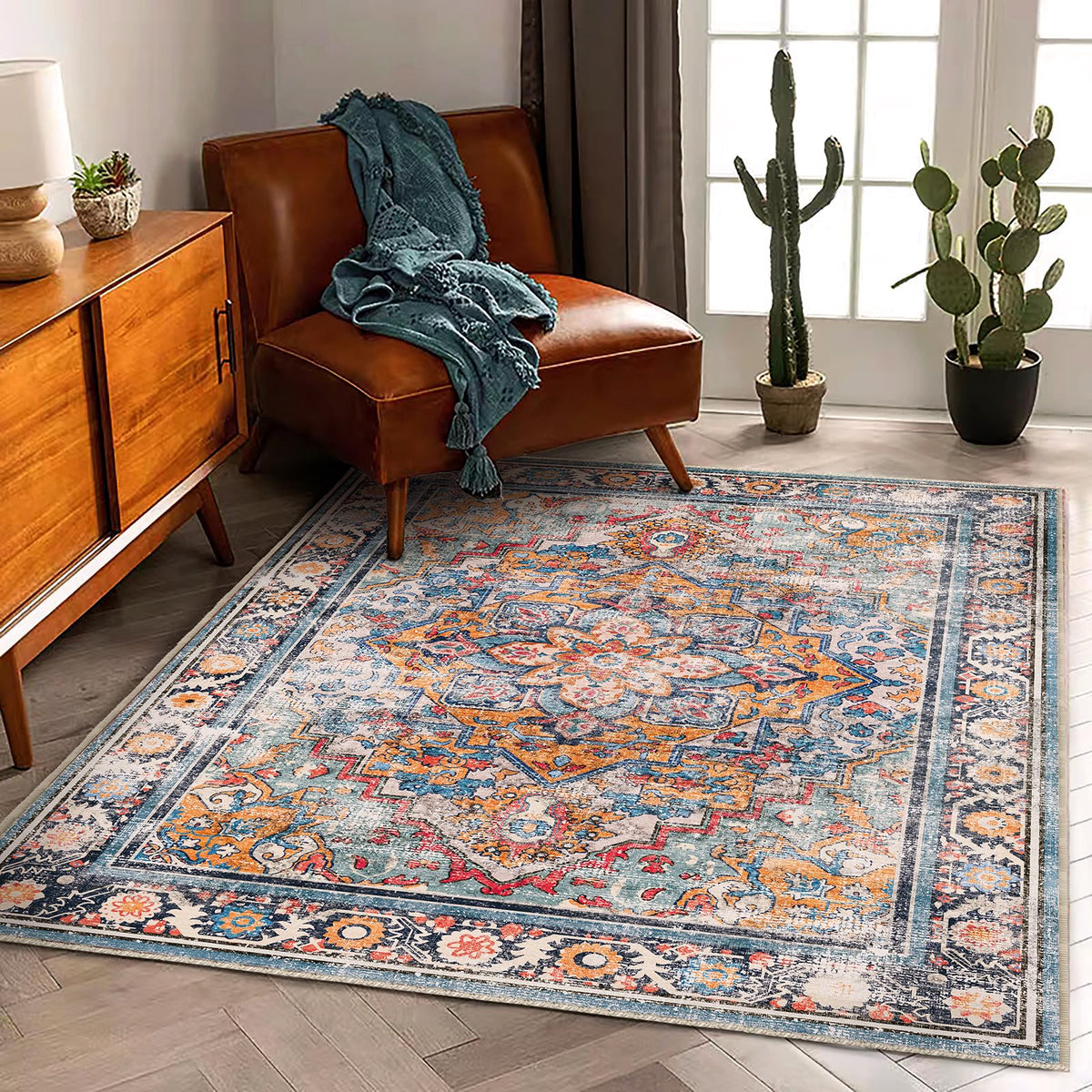 Champlant rug with non-slip backing stays in place in high-traffic areas
