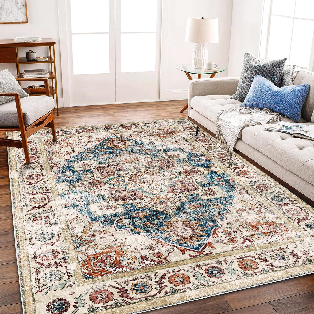 Champlant washable vintage rug 6x9 with boho beige blue medallion pattern for living rooms
