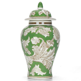 CHANG SONG 11-inch green ginger jar with peony lid showing refined artistry