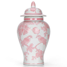 CHANG SONG magpie design on pink ginger jar for chic home decor.