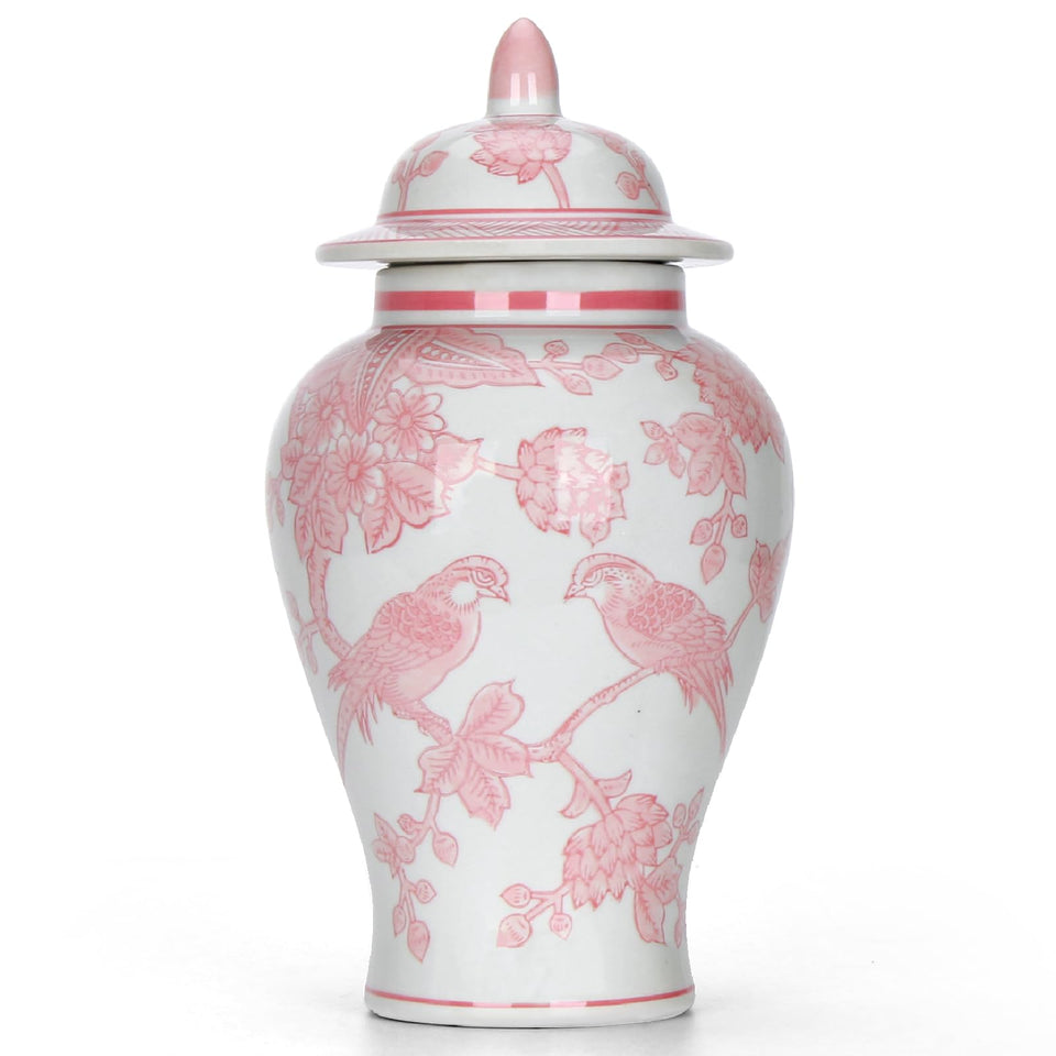 CHANG SONG magpie design on pink ginger jar for chic home decor.