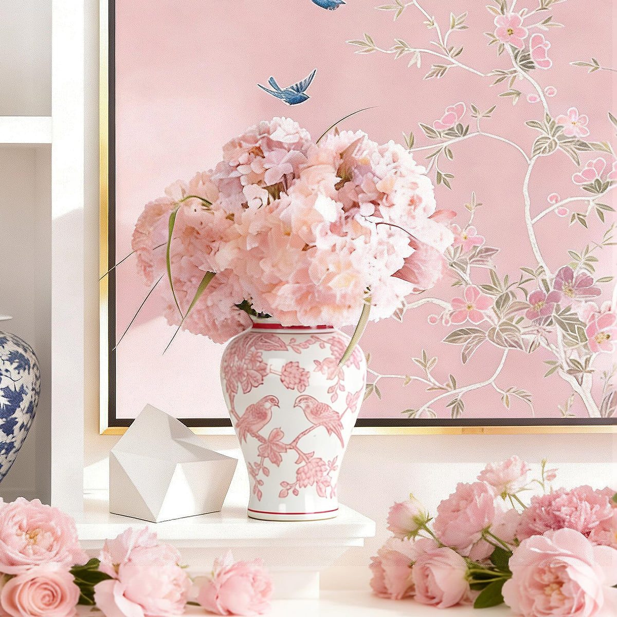 CHANG SONG stylized songbirds with floral temple motif on porcelain jar for display.
