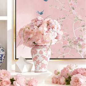 CHANG SONG stylized songbirds with floral temple motif on porcelain jar for display.