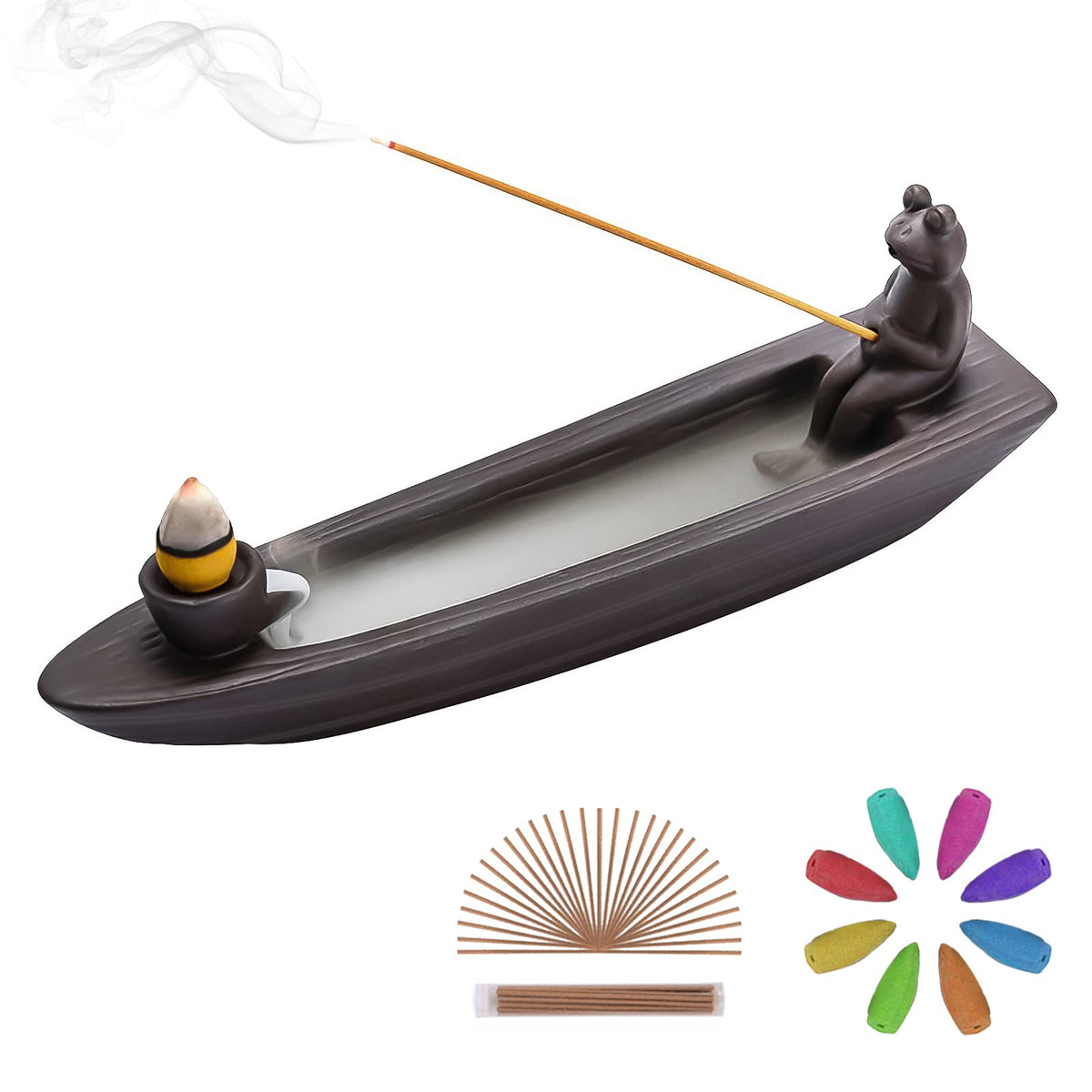 ChangWanna frog incense holder with waterfall smoke for meditation ambiance.
