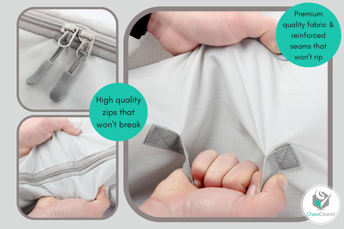 Chaos Cleared zipper closure protects contents from dust and pests