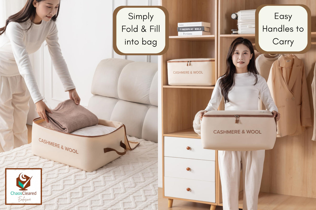Chaos Cleared dust protection bag keeps garments clean during storage