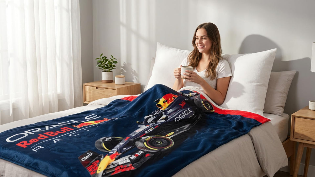 Character World F1 Oracle Red Bull blanket on bed layer adds soft warmth.