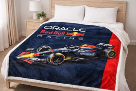 Character World F1 Oracle Red Bull blanket draped on sofa for relaxed evenings.