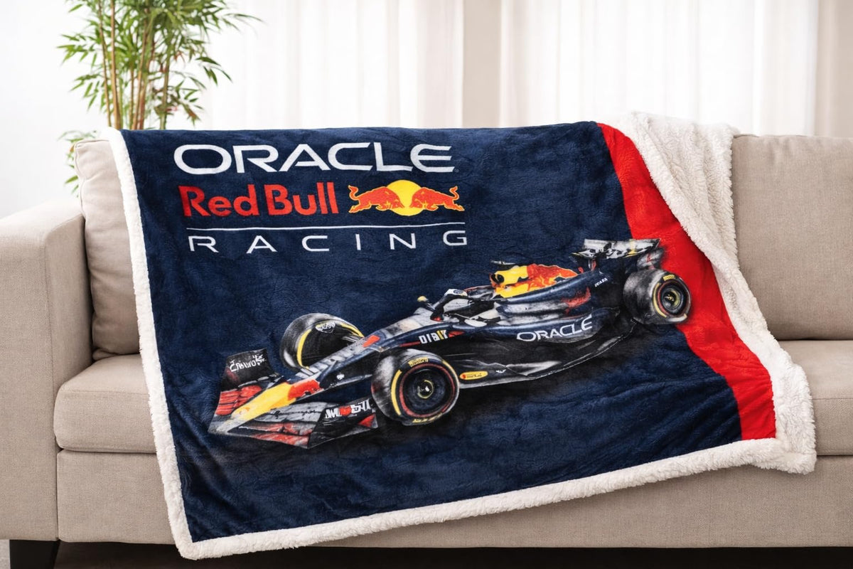 Character World F1 Oracle Red Bull Racing throw folded for travel use.