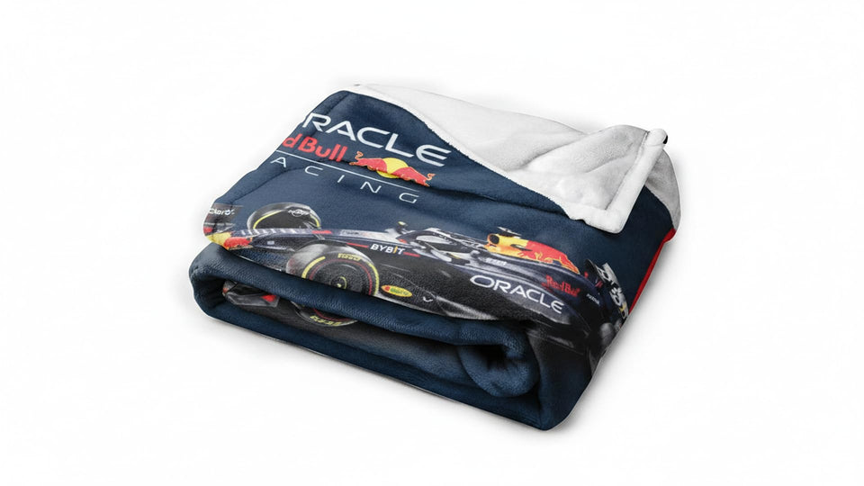 Character World F1 Oracle Red Bull blanket front view shows cozy warmth for fans.