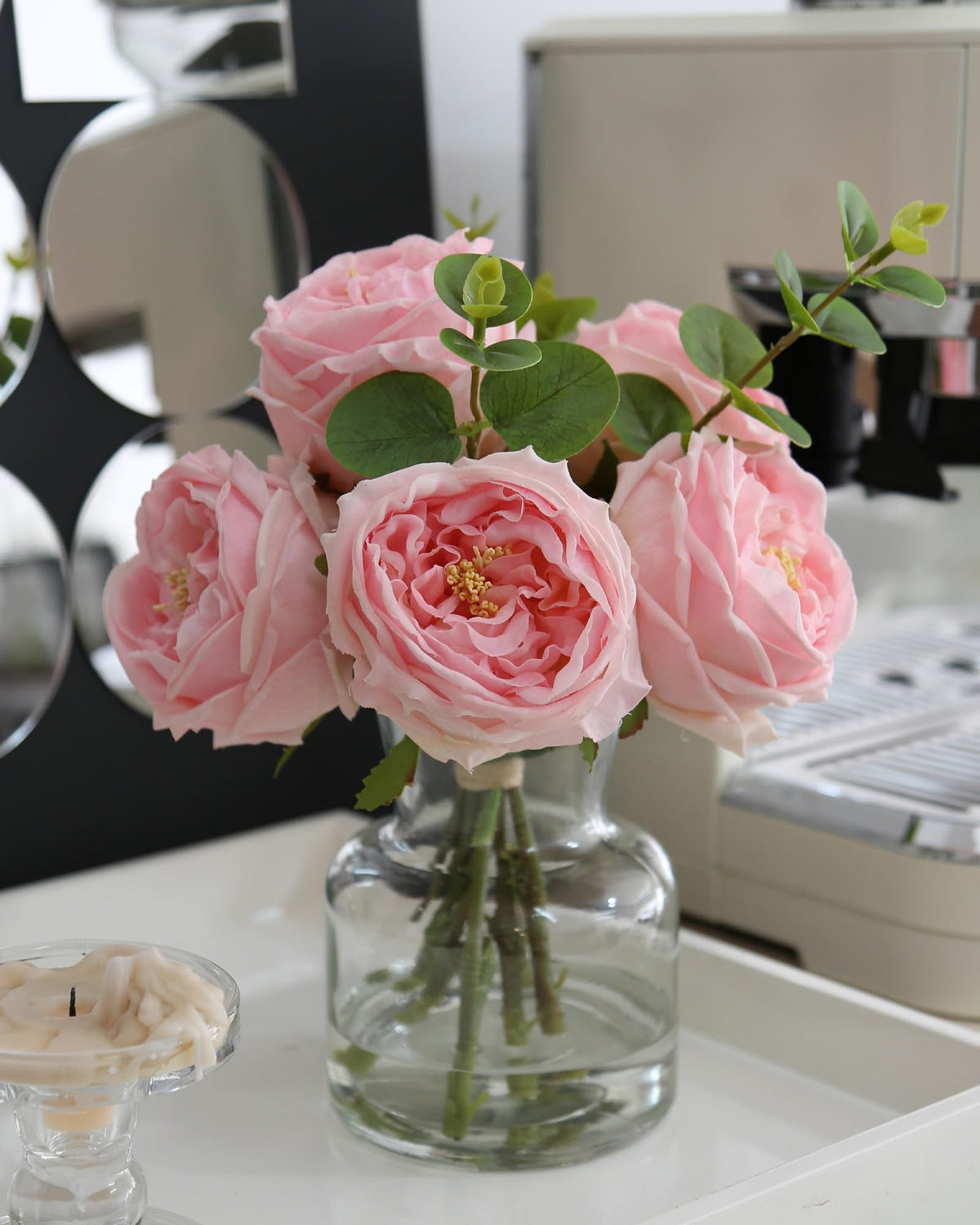 CHASMILE pink roses in a glass vase for an elegant dining table centerpiece