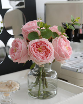 CHASMILE pink roses in a glass vase for an elegant dining table centerpiece