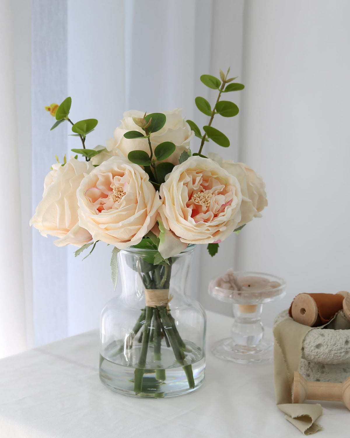 CHASMILE lifelike champagne roses in vase full view for elegant dining room centerpiece.