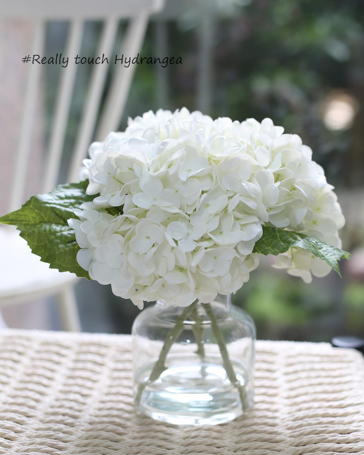 CHASMILE white hydrangea in vase overhead view highlights soft colors and realistic texture