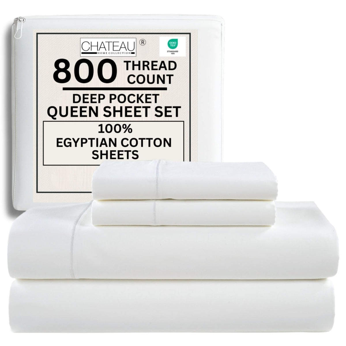 CHATEAU HOME COLLECTION 800tc queen sheet set flatlay showing premium Egyptian cotton and cooling comfort.