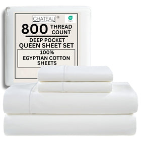 CHATEAU HOME COLLECTION 800tc queen sheet set flatlay showing premium Egyptian cotton and cooling comfort.