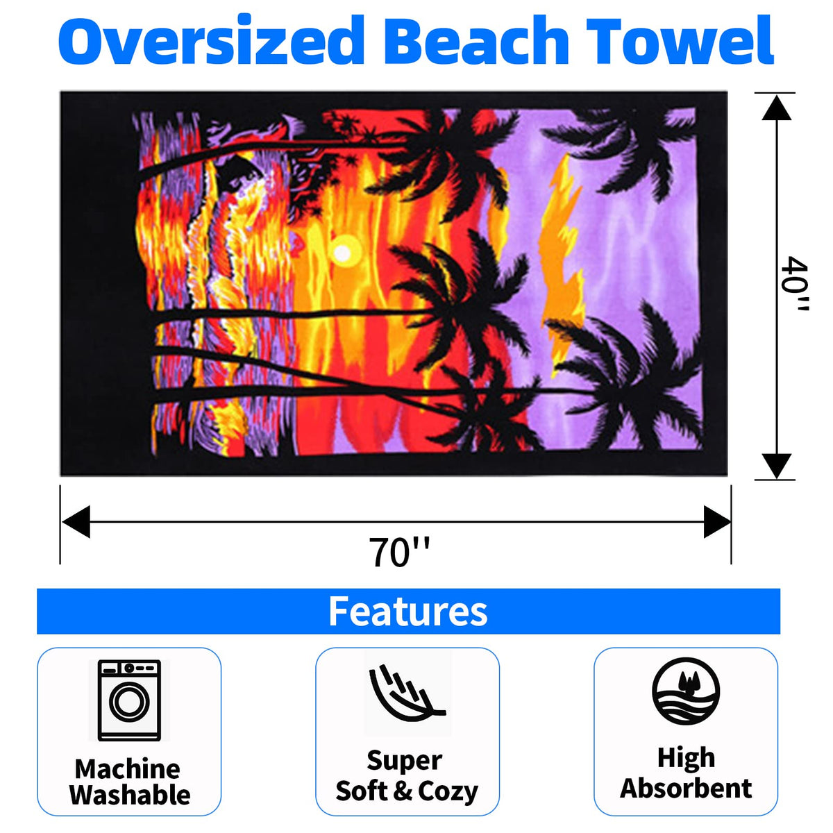 Chavish coconut tree sunset design towel with vibrant color for beach use.
