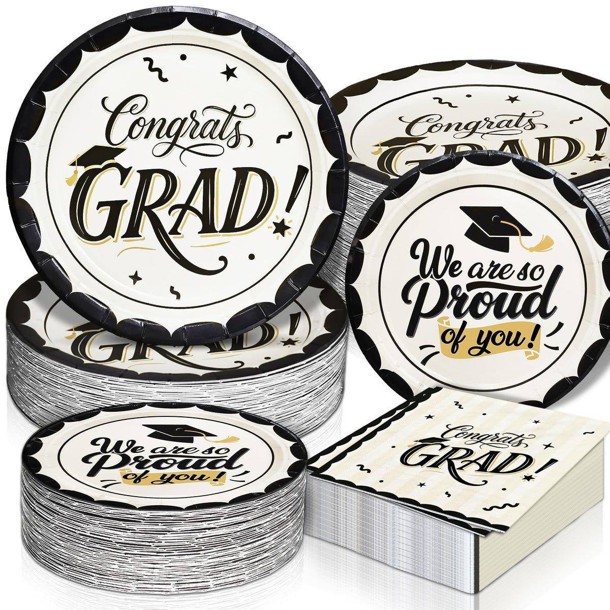 CheerBox 7in plate in black and white with gold trim for elegant gatherings.