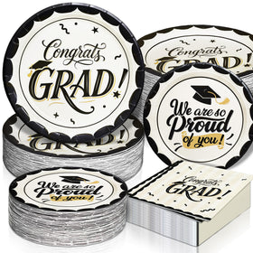 CheerBox 7in plate in black and white with gold trim for elegant gatherings.