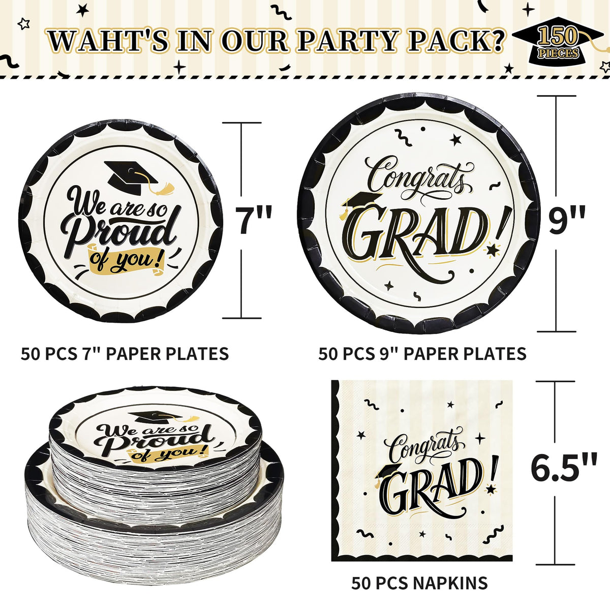 CheerBox 9in plate in black and white with gold edge for stylish servings.