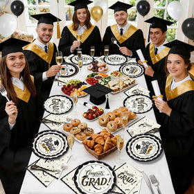 CheerBox pattern dinnerware in black, white and gold elevates table decor.