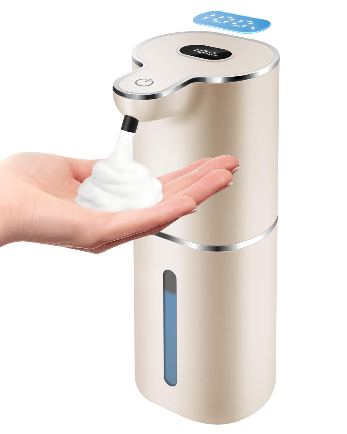 Cheftick foaming dispenser front view showing compact, modern design and dispensing action.