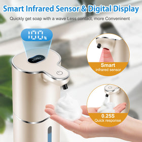 Cheftick foaming dispenser with digital display indicating foam level and battery status.