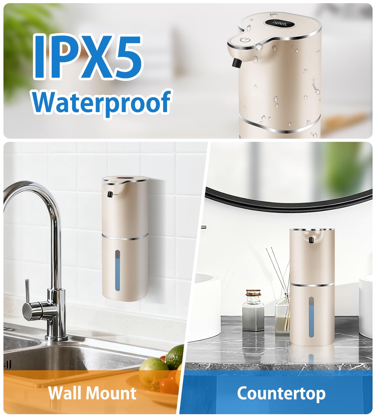 Cheftick foaming dispenser IPX5 waterproof design resists splashes in damp spaces.