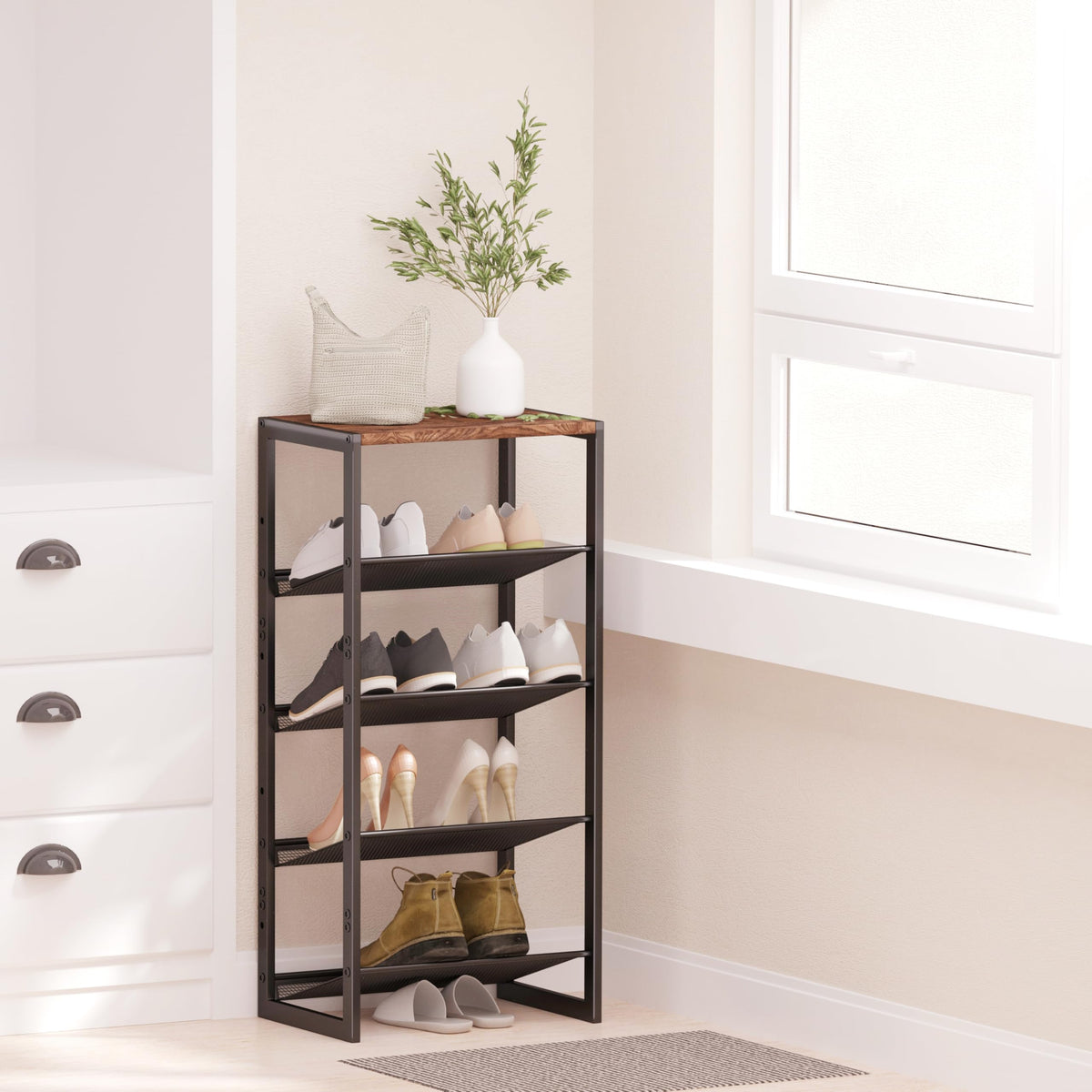 CHEMPFR entryway shoe rack with steel-mesh panels improves airflow for fresh footwear.