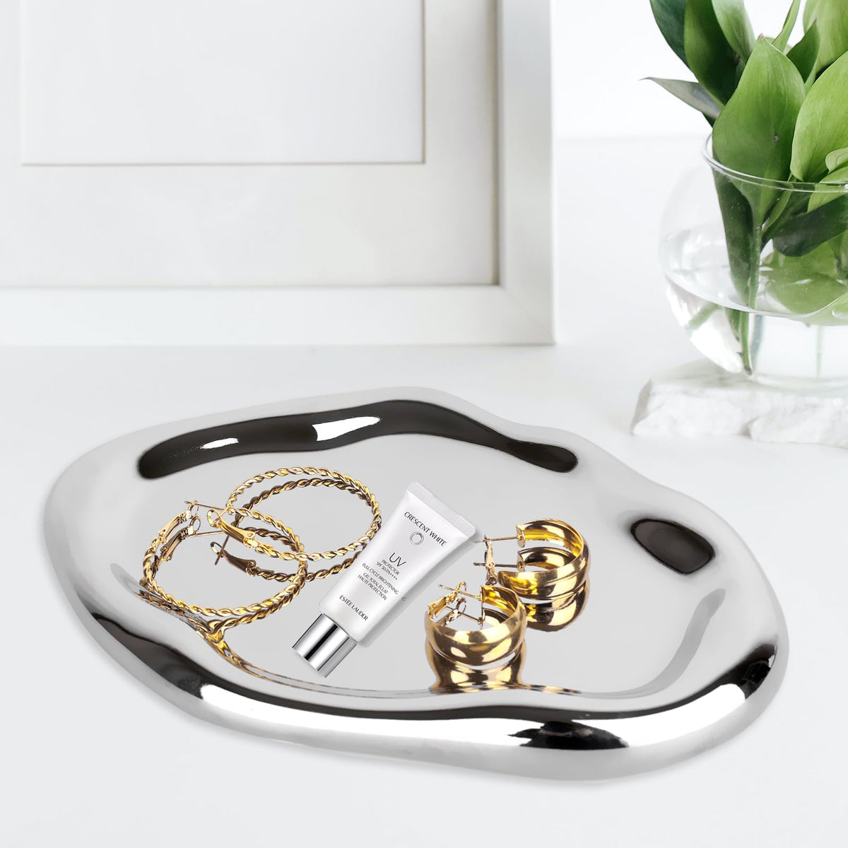 CHENDECOR silver tray bathroom counter setup elevates vanity organization.