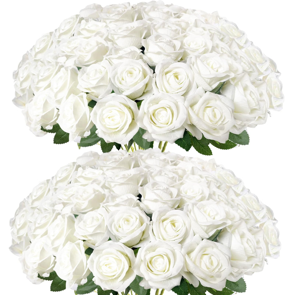 Cherica 50pcs white velvet roses with stems for timeless wedding decor and DIY projects.