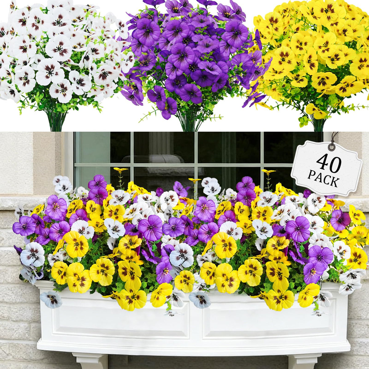 Cherica artificial pansy flowers in outdoor display with full stems for vibrant porch decor