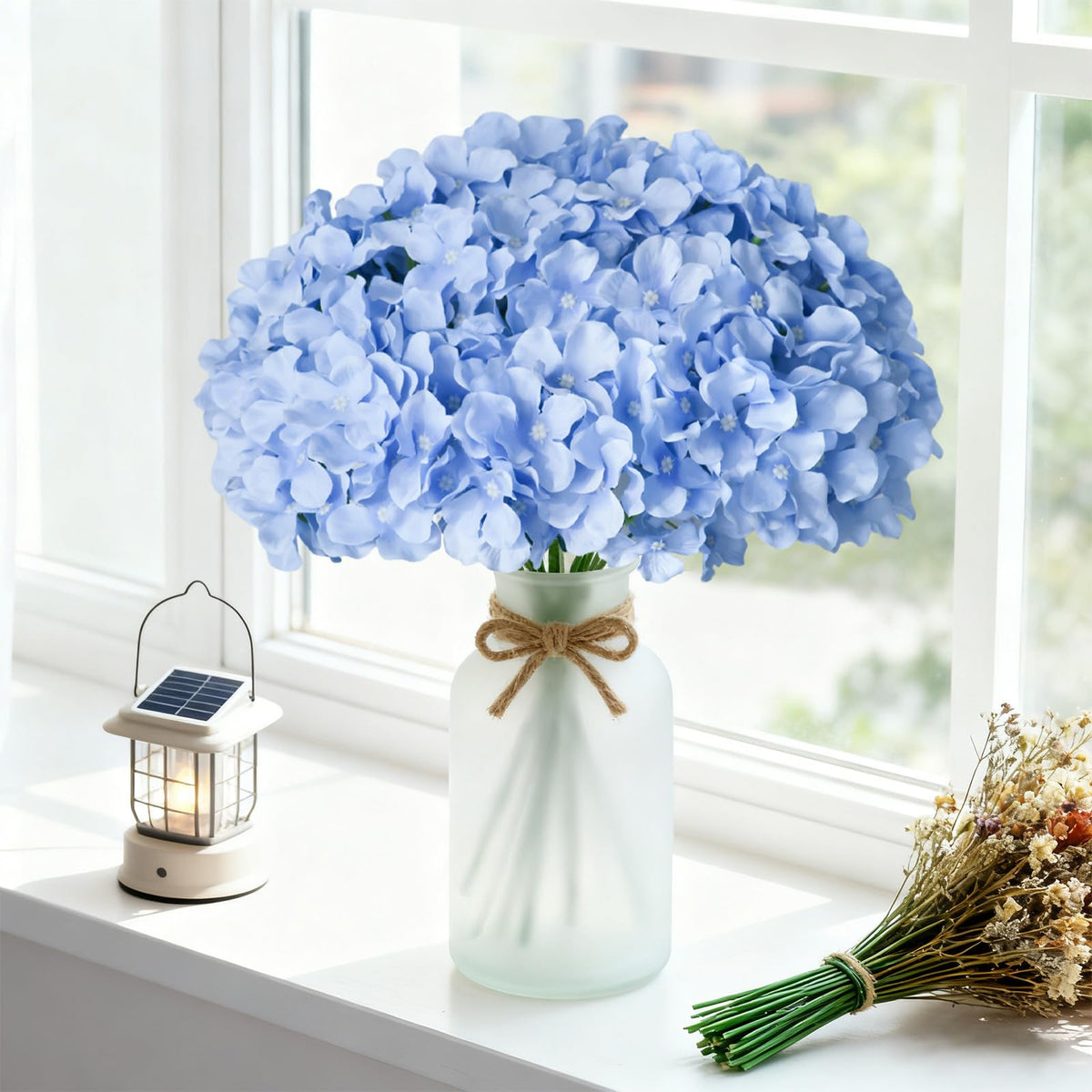 Cherica blue hydrangea bulk vase display with realistic stems for stylish home decor.