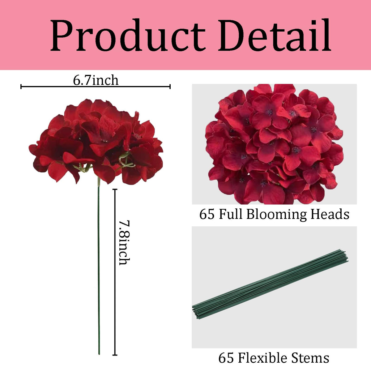 Cherica deep red hydrangea flower heads ideal for wedding decor and events.