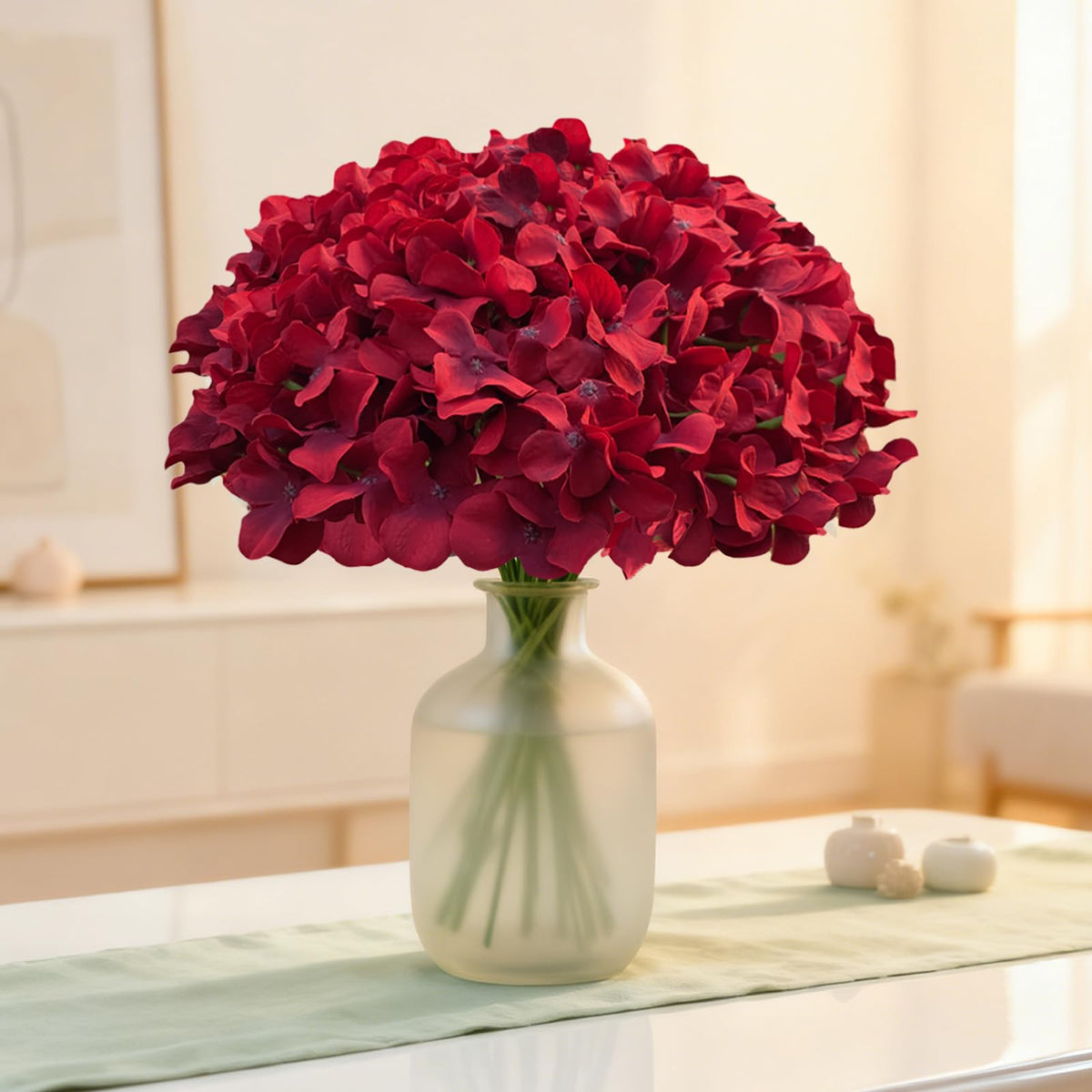 Cherica deep red hydrangea stems durable for reusable decor.