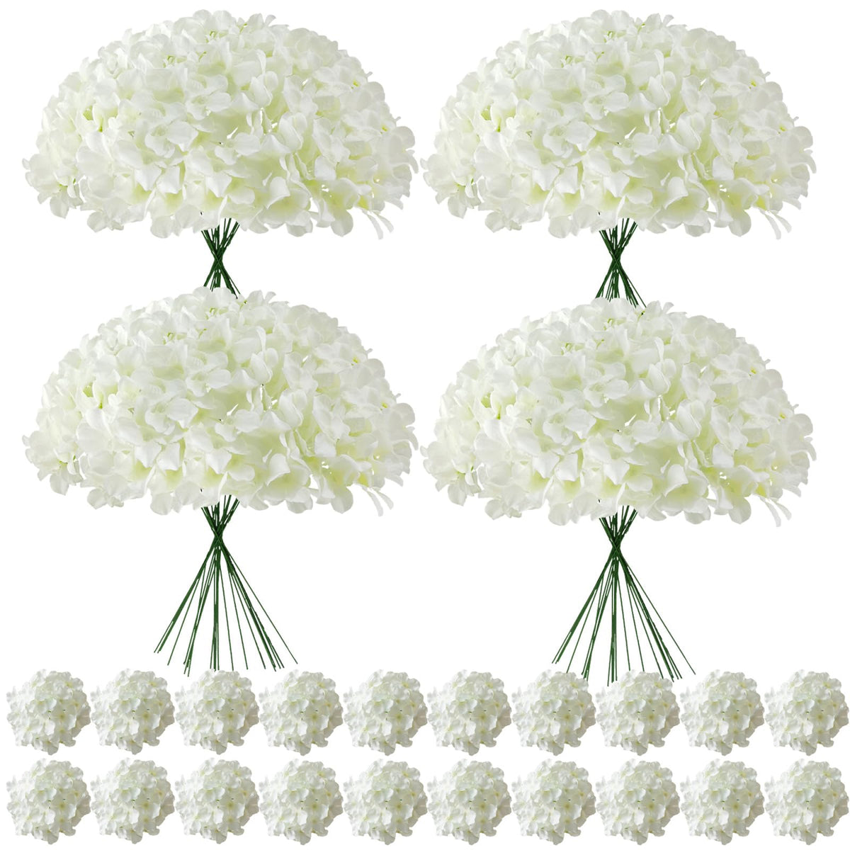 Cherica faux white hydrangea heads with stems for bulk decor and easy centerpieces.