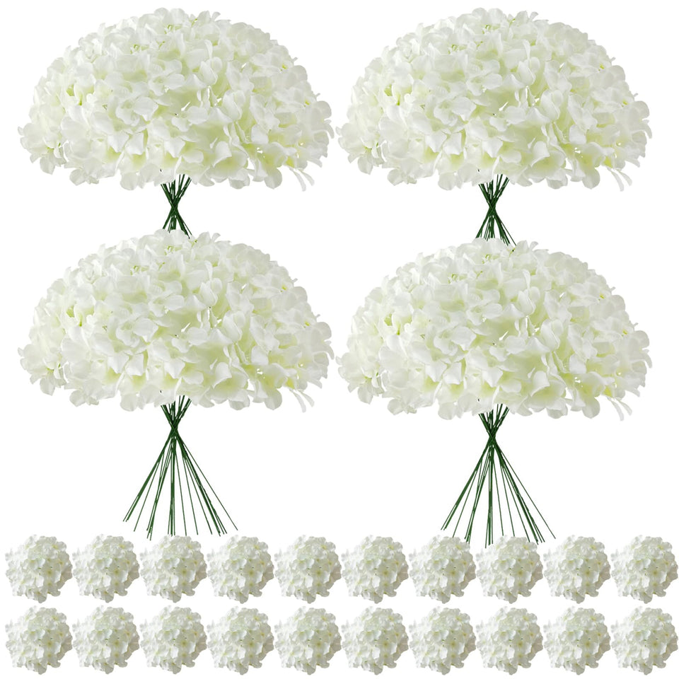 Cherica faux white hydrangea heads with stems for bulk decor and easy centerpieces.