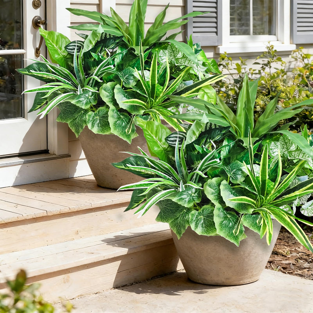 Cherica outdoor artificial plants with UV-resistant faux greenery close-up, enhancing curb appeal.