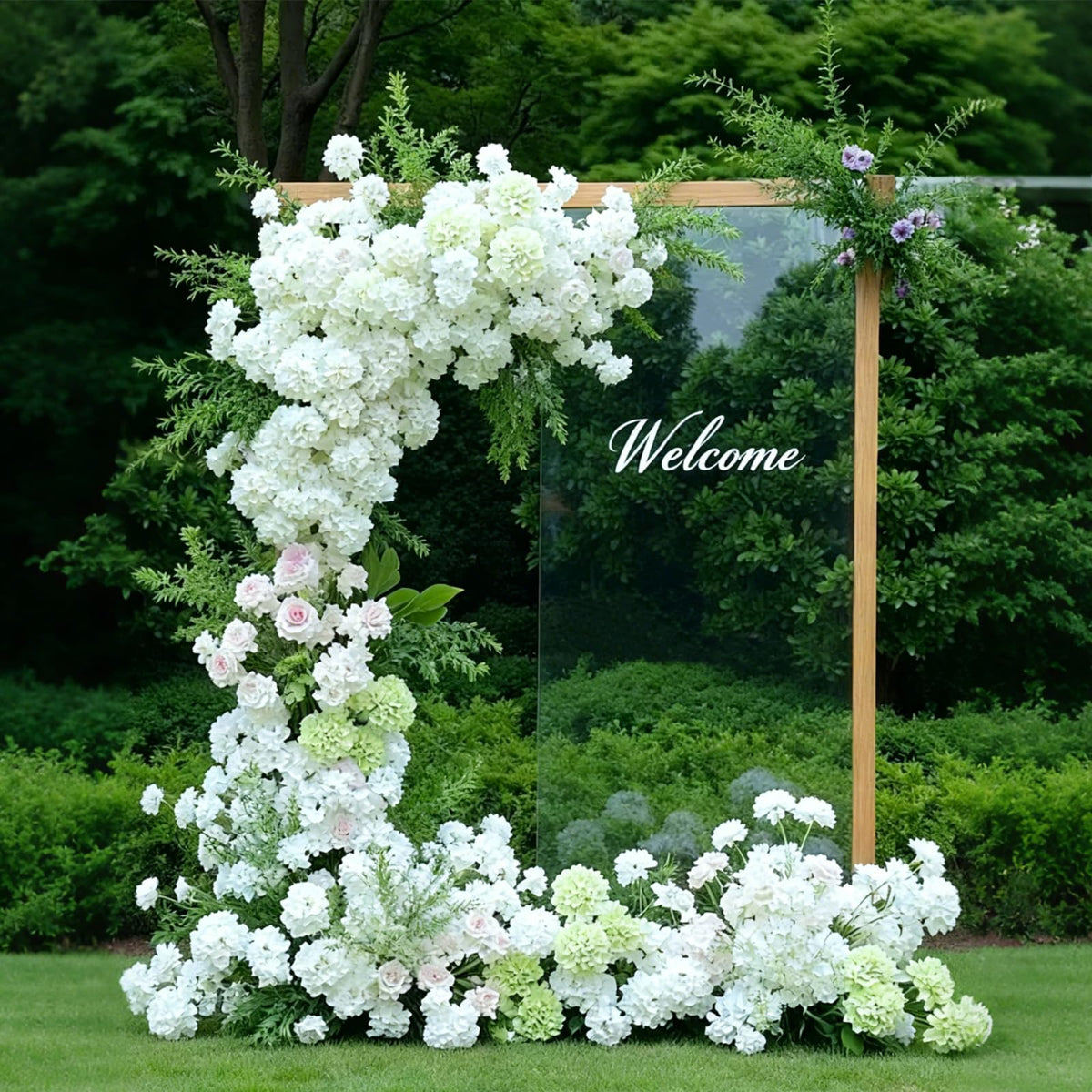 Cherica white hydrangea on a wedding arch for graceful ceremony decor.