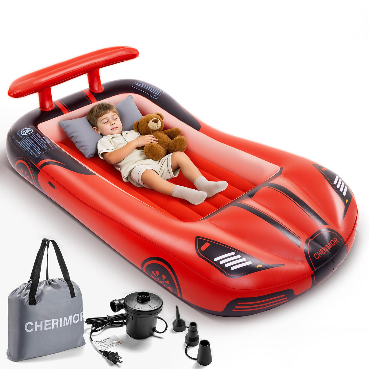 CHERIMOR inflatable toddler bed with four guardrails for safer independent sleep