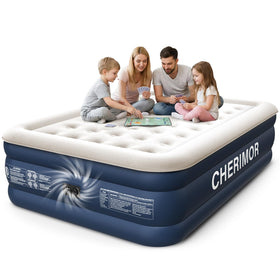 CHERIMOR Queen air mattress with built-in pump for quick setup and guest room comfort.