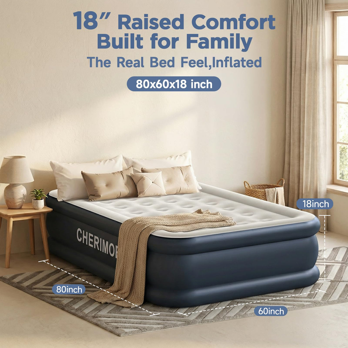 CHERIMOR Queen air mattress non-slip bottom helps prevent movement.