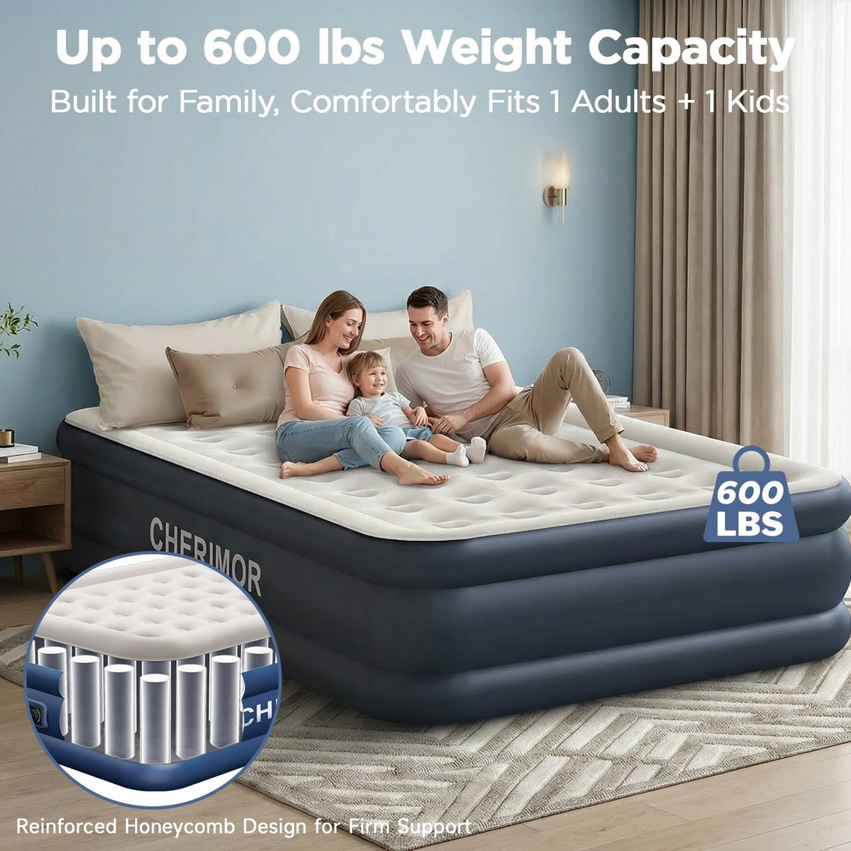 CHERIMOR Queen air mattress reinforced PVC construction for durability.
